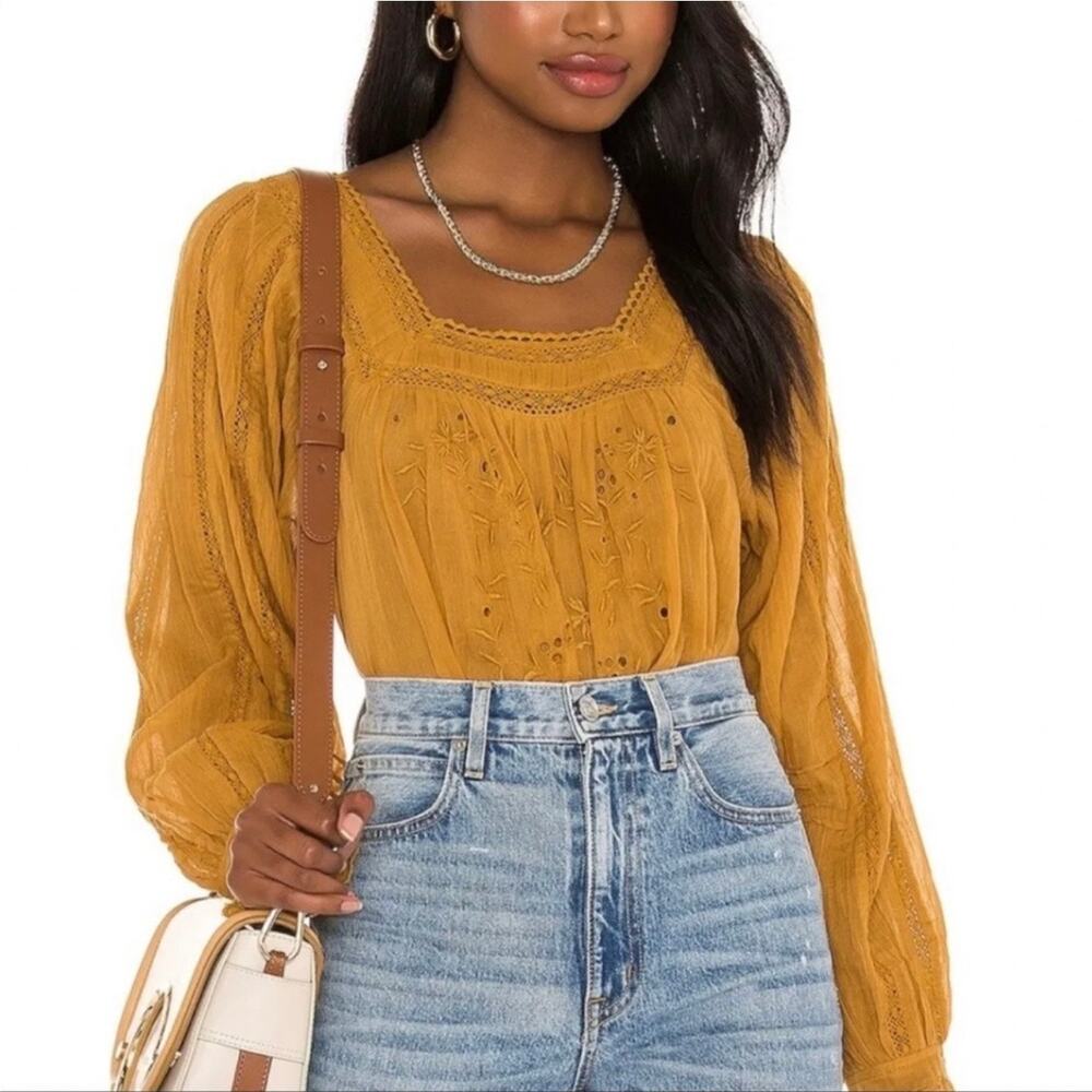 NWT Free People Faraway Fields Top Mustard Embroidered Flowy Boho Casual Size S - Picture 14 of 16